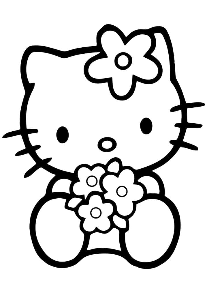 Desenho de Hello Kitty e Flores para colorir