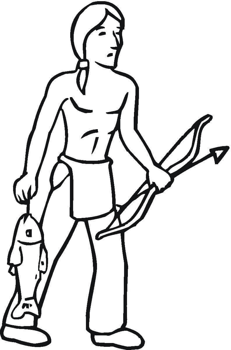 Desenho deÍndio Pegou Alguns Peixes para colorir