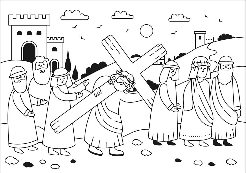 Desenho deJesus carregando a cruz para colorir