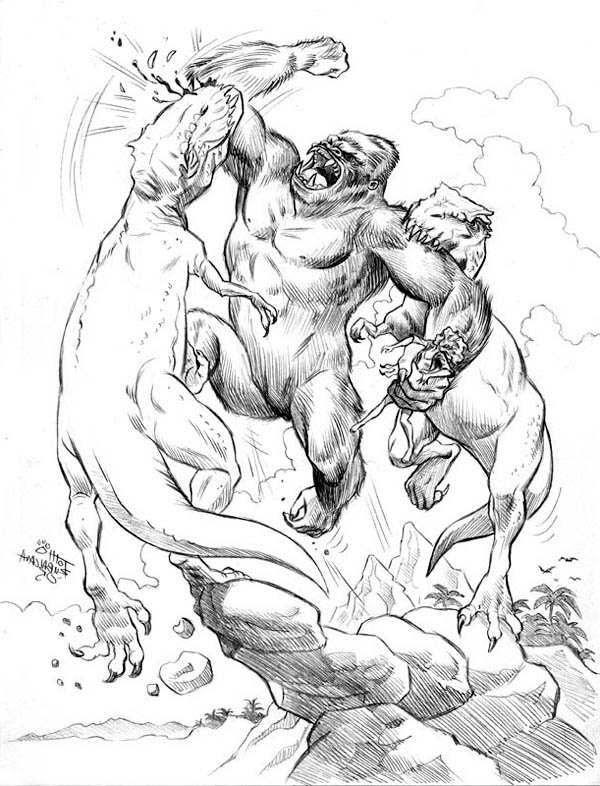 Desenho deKing Kong vs T Rex 3 para colorir