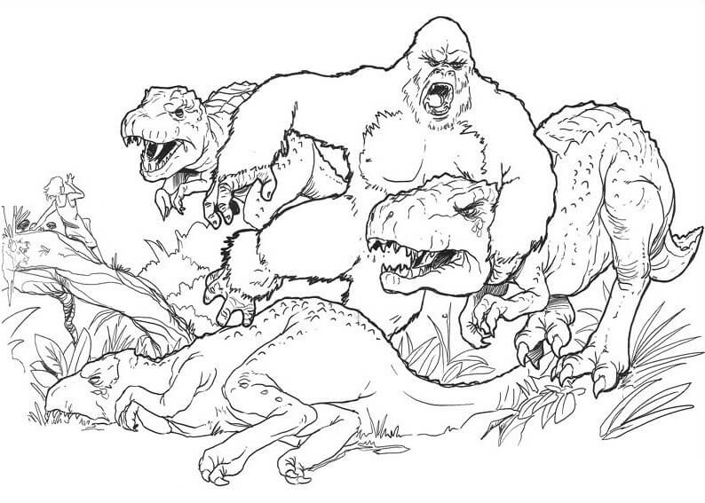 Desenho deKing Kong vs T Rex para colorir