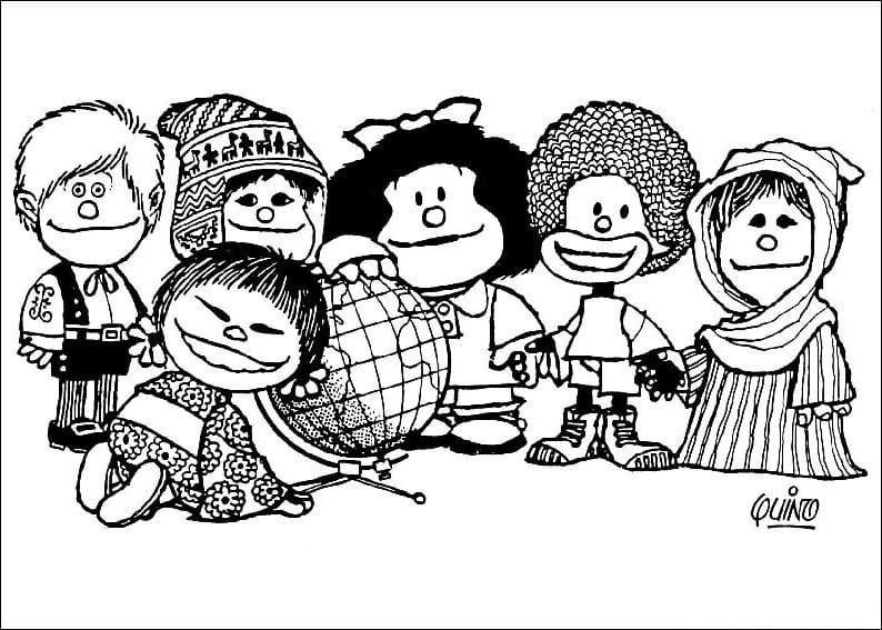 Desenho deMafalda com Amigos para colorir