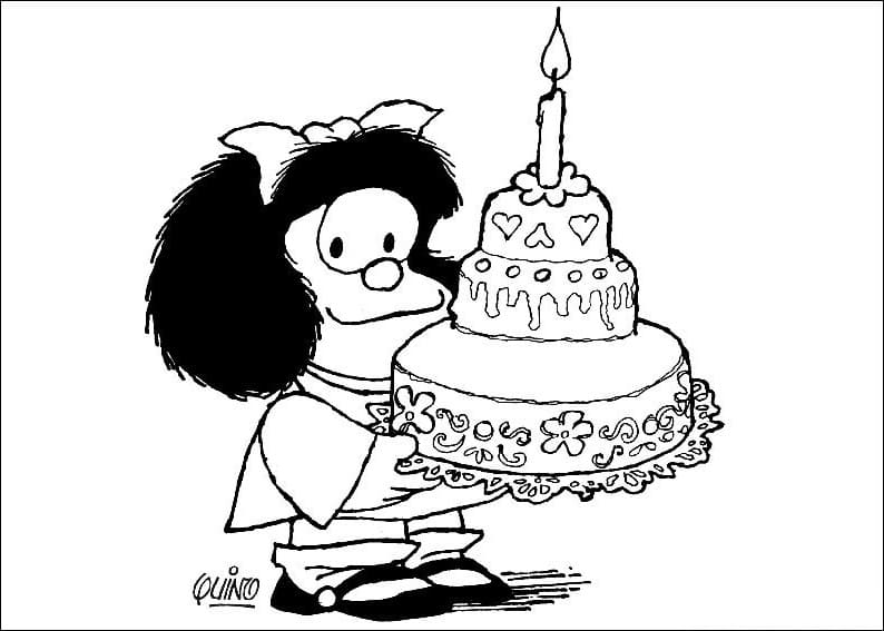 Desenho deMafalda e Bolo de Aniversario para colorir