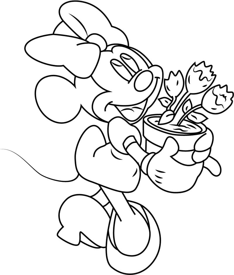 Desenho de Minnie com Vaso de Flores para colorir