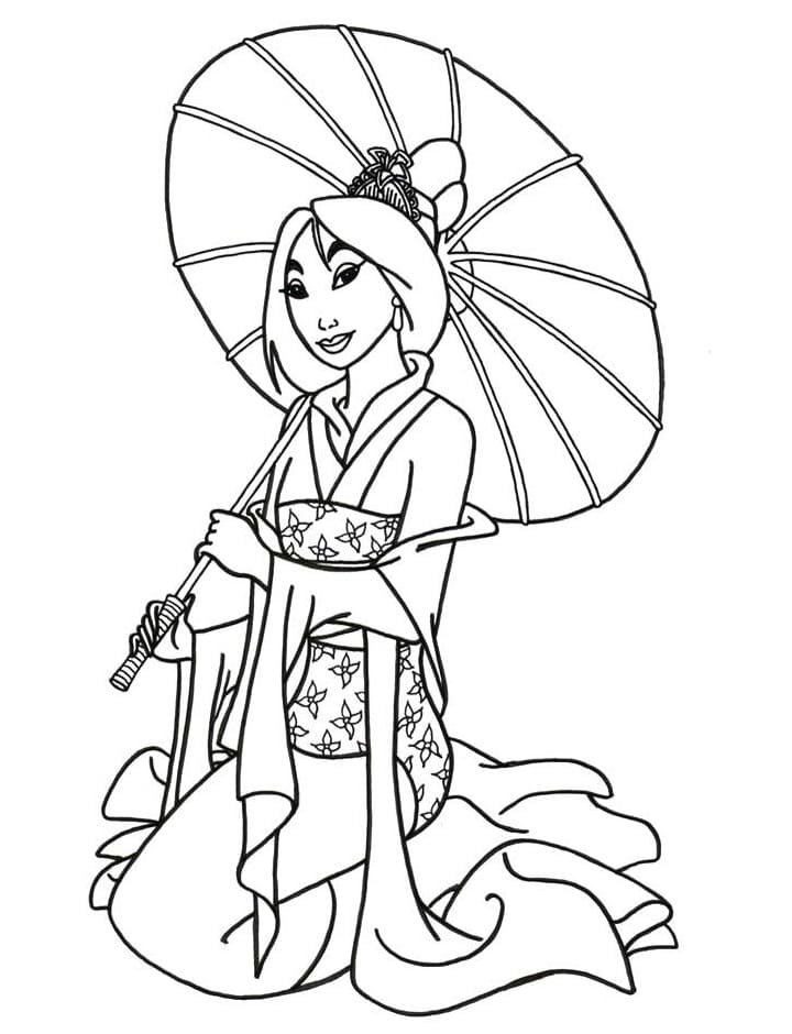 Desenho deMulan com Guarda-chuva para colorir