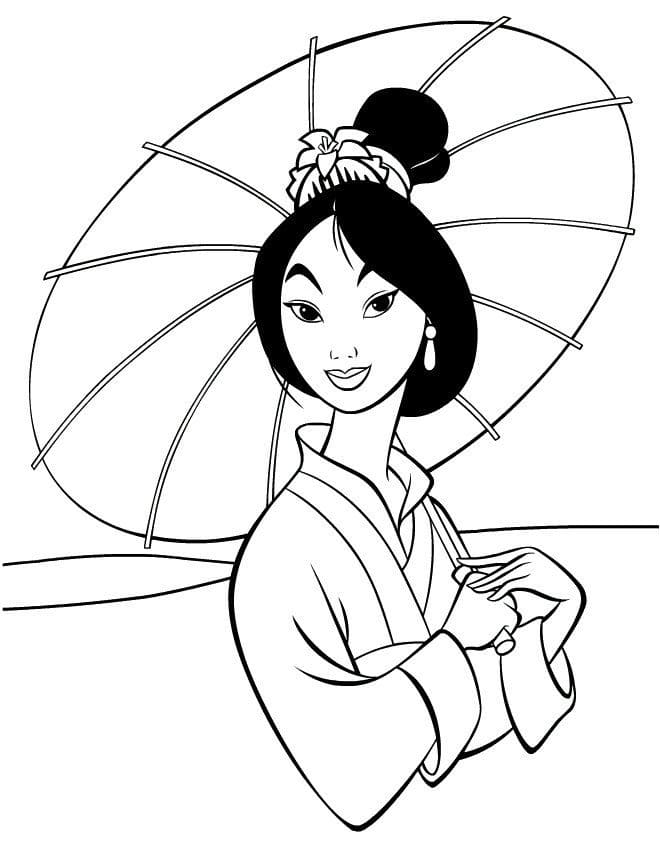 Desenho deMulan Segurando Guarda-chuva para colorir