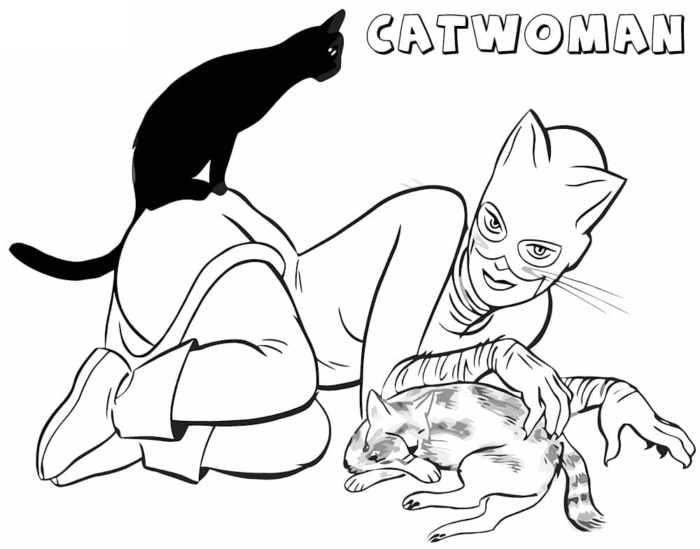 Desenho deMulher-Gato e Gatos para colorir