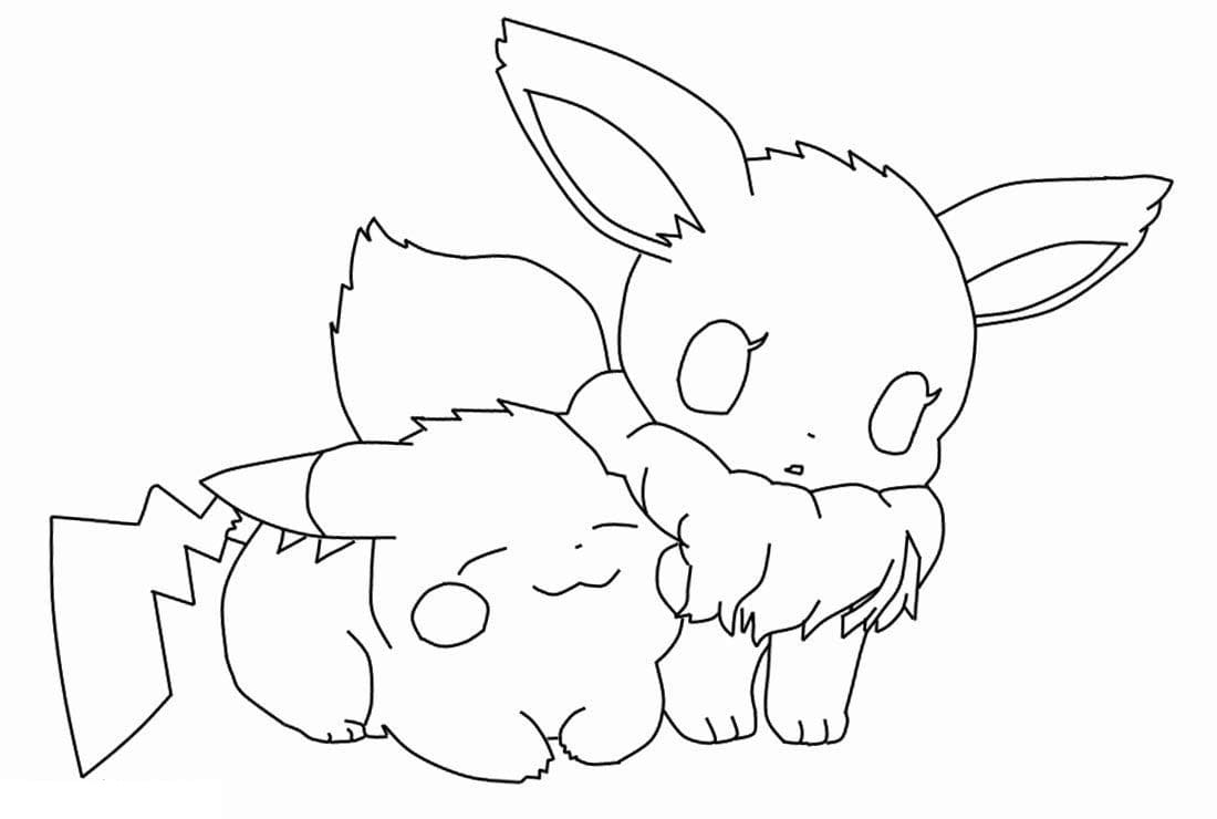 Desenho dePikachu e Eevee para colorir