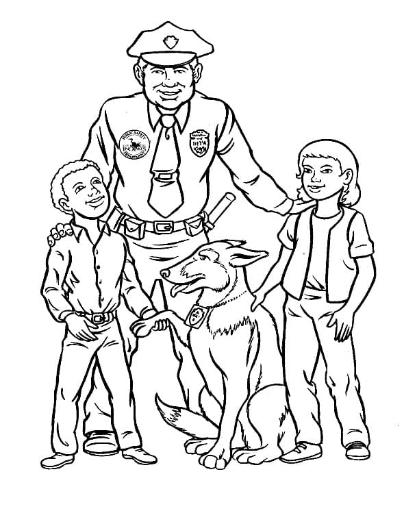 Desenho dePolicial e Crianças para colorir