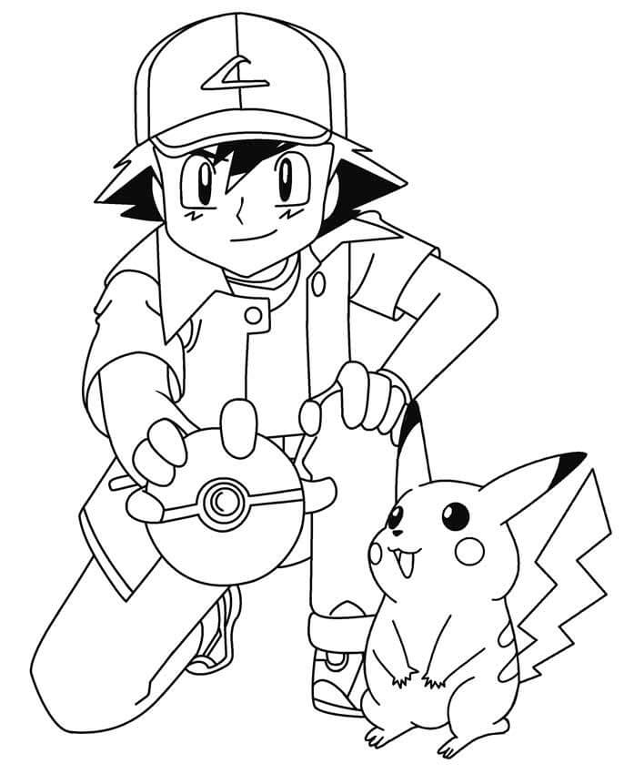 Desenho deSatoshi e Pikachu 2 para colorir