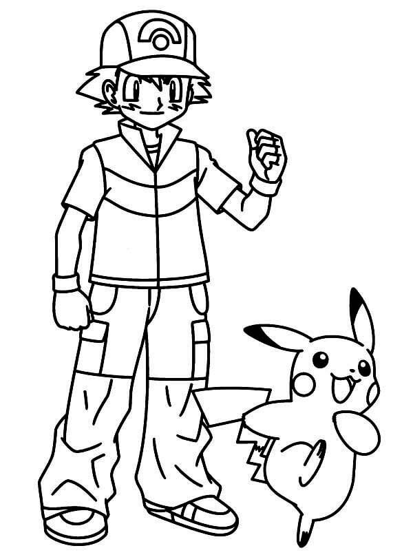 Desenho deSatoshi e Pikachu 3 para colorir