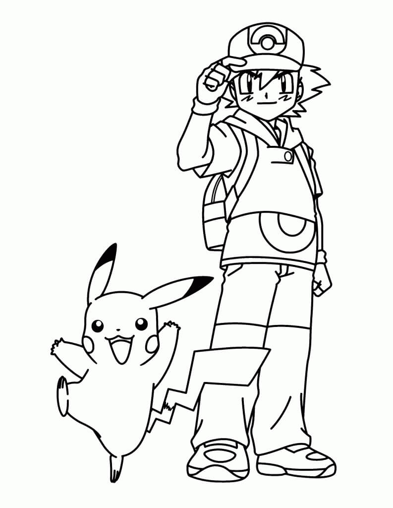 Desenho deSatoshi e Pikachu para colorir