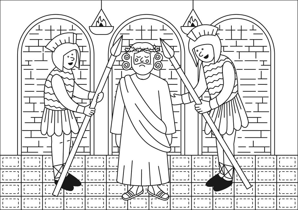 Desenho deSoldados a fazerem troça de Jesus para colorir