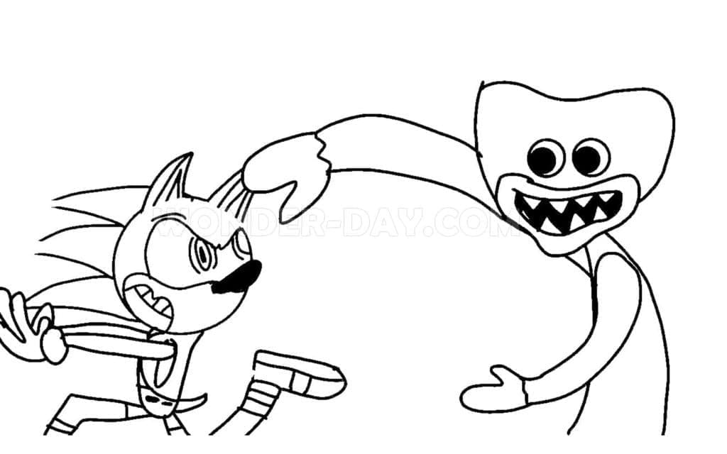 Desenho deSonic e Huggy Wuggy para colorir