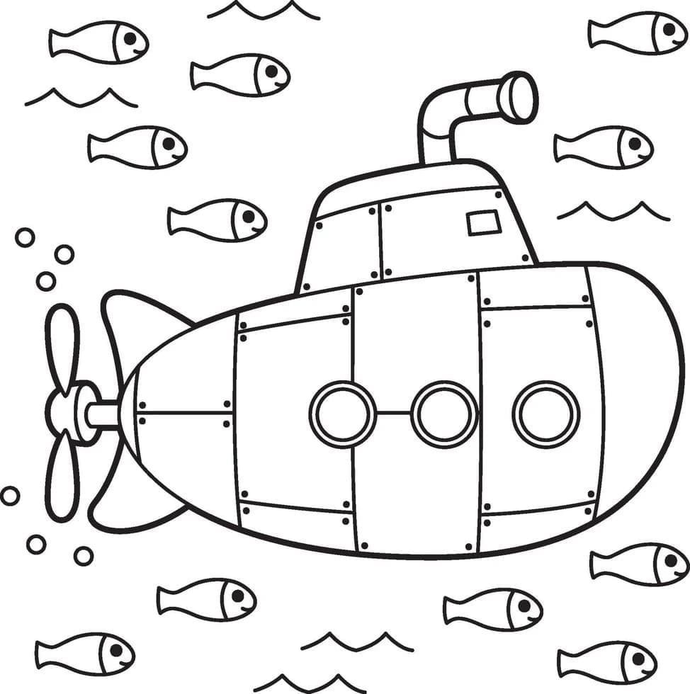 Desenho deSubmarino e Peixes para colorir